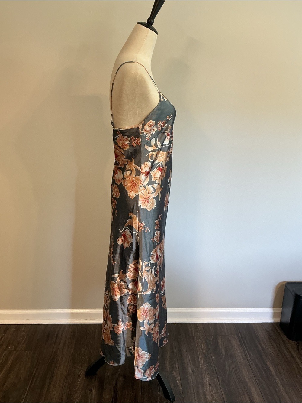 Floral Satin Slip Chemise in Slate Gray with Pink Blooms - Picture 8 of 8